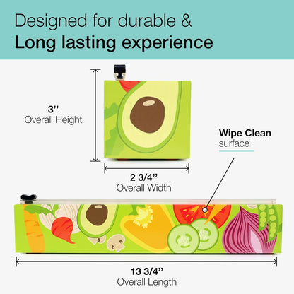 Chicwrap Veggies Refillable Plastic Wrap Dispenser - Includes One 12" x 250' Roll of Professional Grade Plastic Wrap - BPA Free and Kosher Certified - Reusable Dispenser w/Slide Cutter | Reusable Plastic Wrap Dispenser with Four Non-Slip Rubber Feet and