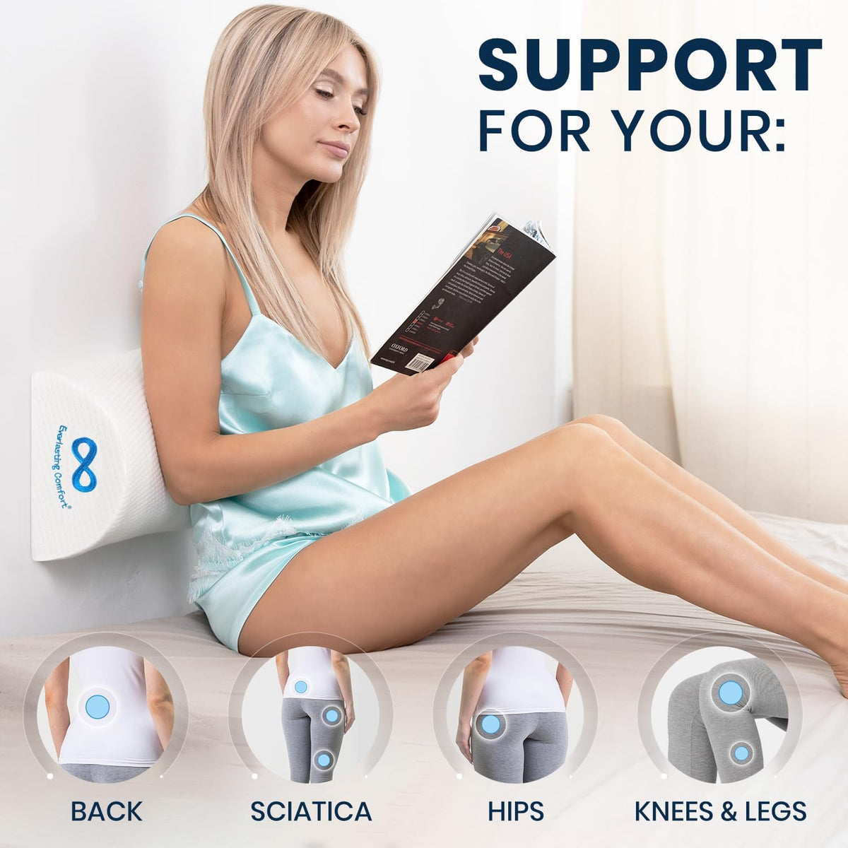 Everlasting Comfort Under Knee Pillow for Back Sleeping - Memory Foam Half Moon Leg Bolster Pillow for Back Pain, Thoracic Support