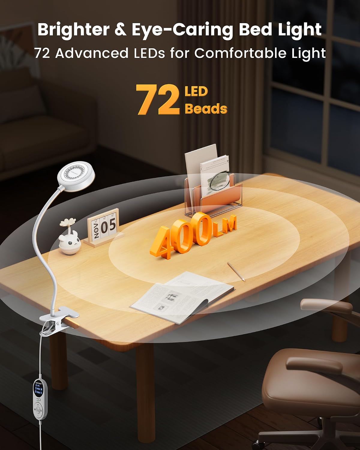 Glocusent 72 LED Desk Lamp, Bed Lamp with Amber Ring& Amber Mode | 3 Colors & 5 Brightness, 2.75" Clamp & 30Min Timer, USB Powered with Remote, Clamp Light for Headboard/Dorm/Bunk/Work/Craft