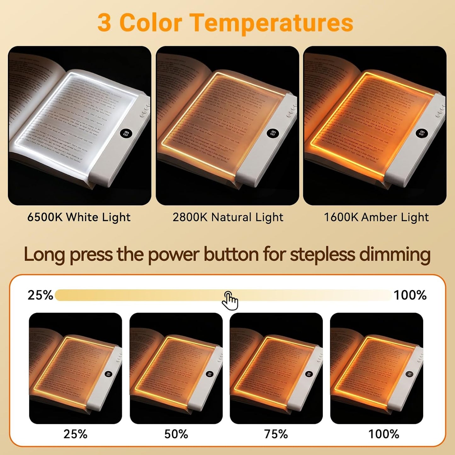 Amber Book Light, Rechargeable Clear LED Flat Reading Light with 3 Colors & Timer, Dimmable Panel Plate Lamp Book Full Page Light for Reading in Bed at Night, Funny Gifts for Readers Book Lovers