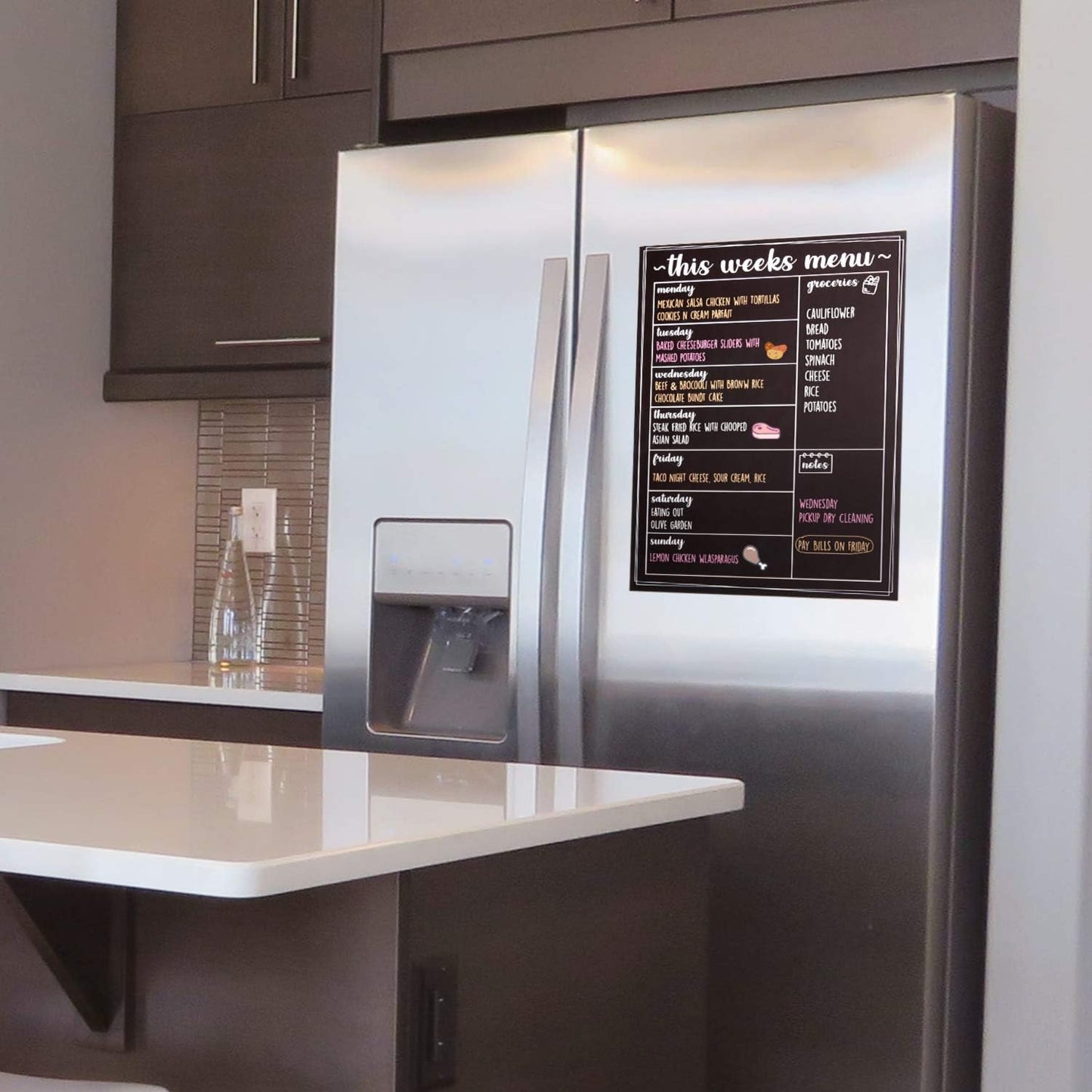 Magnetic Menu Board for The Fridge- Weekly Family Meal Planner with Bright Neon Liquid Markers- Perfect Weekly Planner, Magnetic Dry Erase Board for Meal Planning Grocery List Notes Do List- 12"x 16"