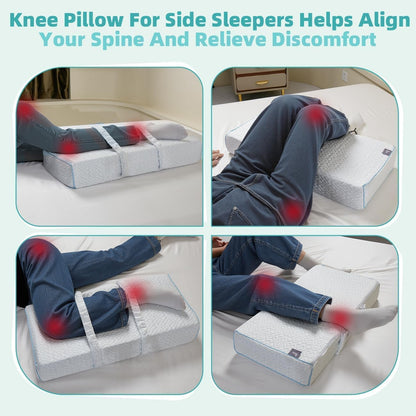 Cool Knee Pillow for Side Sleepers Hip Pain 4in, Adjust Leg Pillow for Multi-uses, CertiPUR-US Memory Foam Knee Pillow for Side Sleeper, Leg Pillow for Side Sleeping with 2 Straps, White