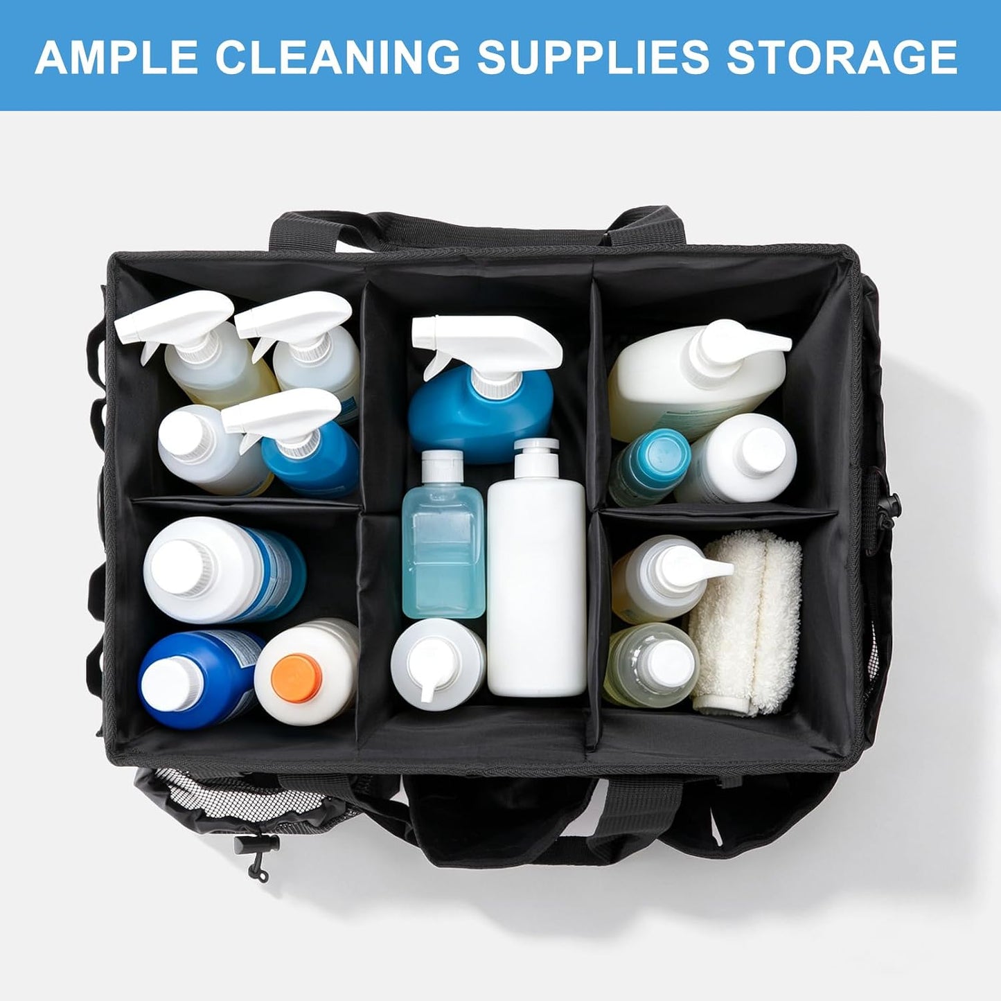 Large Cleaning Caddy Organizer, Adj Straps & Board Dividers Heavy‑Duty | Waterproof Nylon Fabric, Handle, Removable Divider, Tool Bags for Housekeepers, Car detailing, Kitchen Bathroom