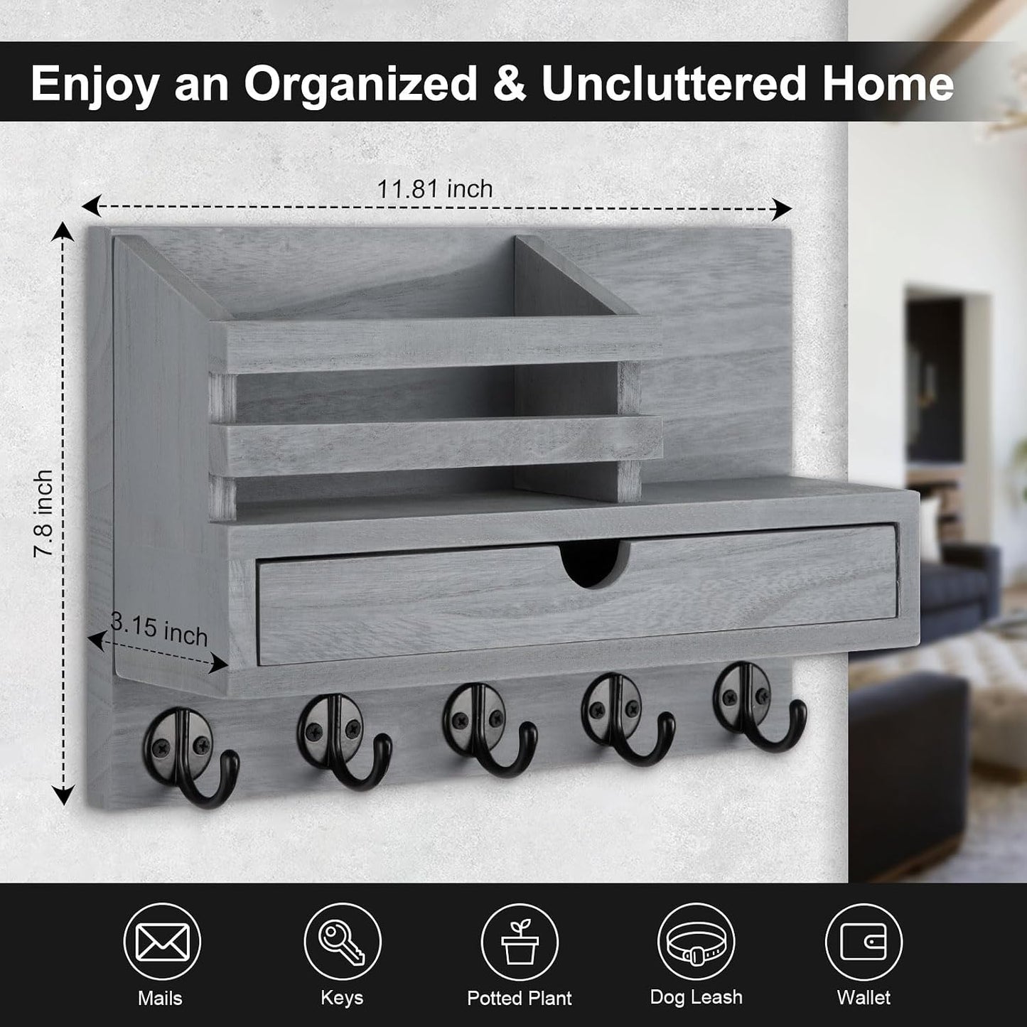 Key Holder Wall Mount, Mail Holder with Storage Drawer | Key and Mail Holder with 5 Key Hooks for Coat, Dog Leash, Home Decor Rack, House Accessories, Entry Way Organizer