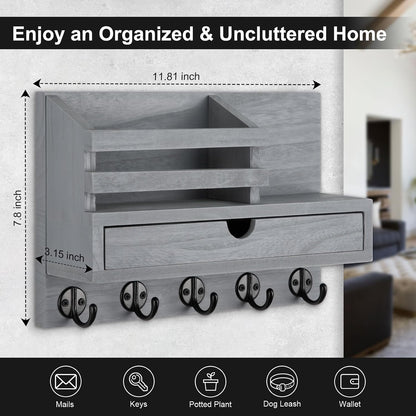 Key Holder Wall Mount, Mail Holder with Storage Drawer | Key and Mail Holder with 5 Key Hooks for Coat, Dog Leash, Home Decor Rack, House Accessories, Entry Way Organizer
