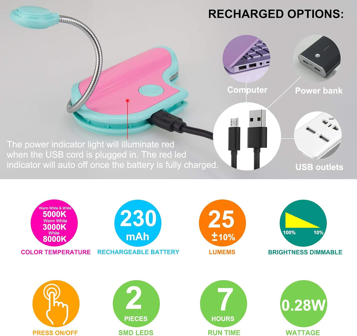 BIGMONAT Rechargeable Book Reading Light in Bed,Dimmable Warm/White Book Light for Kids,Multi Colors Portable LED Reading Lamp with Rotary Light Neck,Wireless Clip on Reading Light for Student(Green)