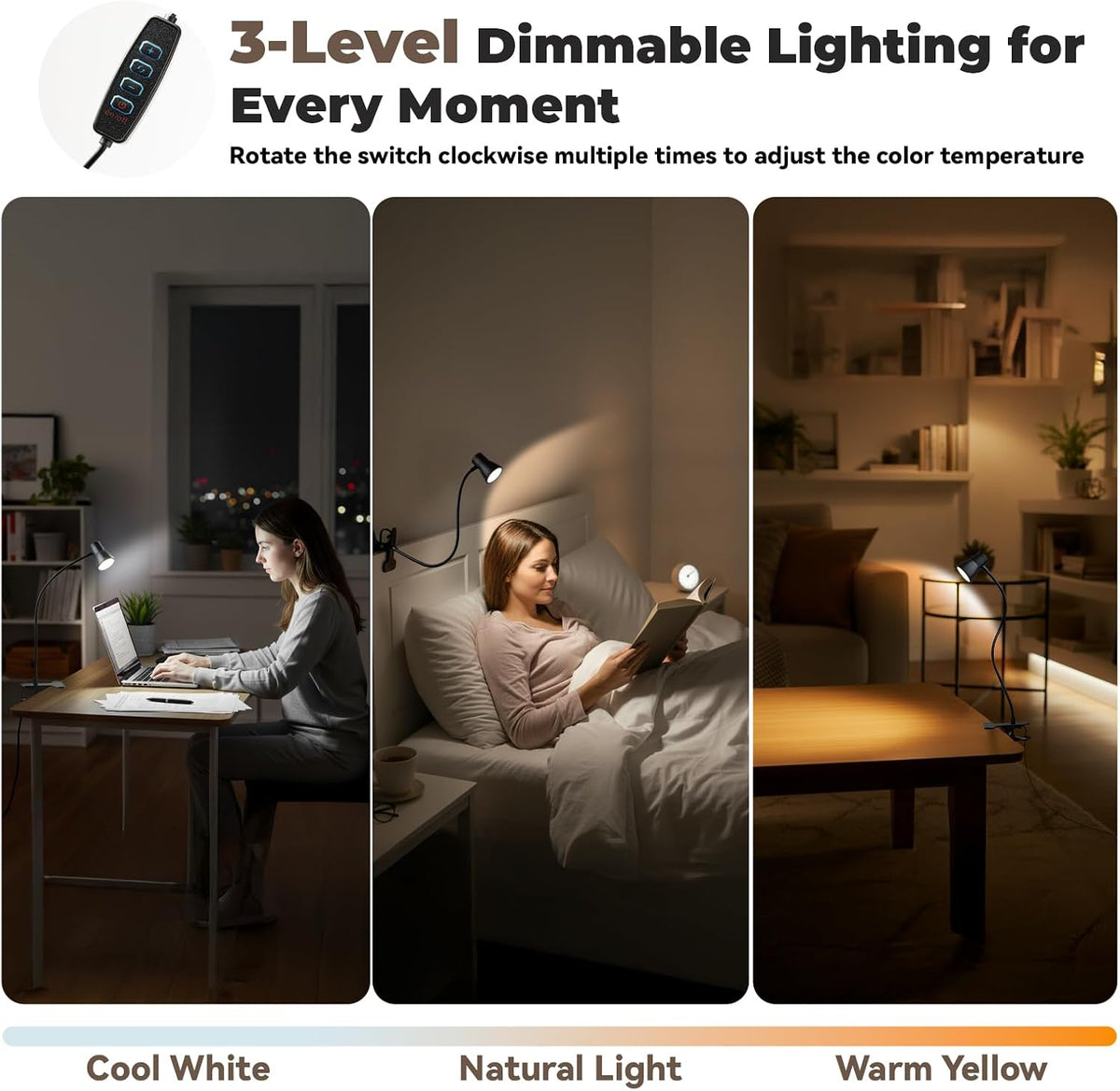 Eye-Caring Clip On Desk Lamp, 3 Color Modes & 10 Brightness LED Reading Light with Clamp, 360° Rotatable Gooseneck Reading Light, Portable Clamp Lamp for Bedroom, Office and Study (Black-Small)