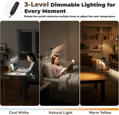 Eye-Caring Clip On Desk Lamp, 3 Color Modes & 10 Brightness LED Reading Light with Clamp, 360° Rotatable Gooseneck Reading Light, Portable Clamp Lamp for Bedroom, Office and Study (Black-Small)