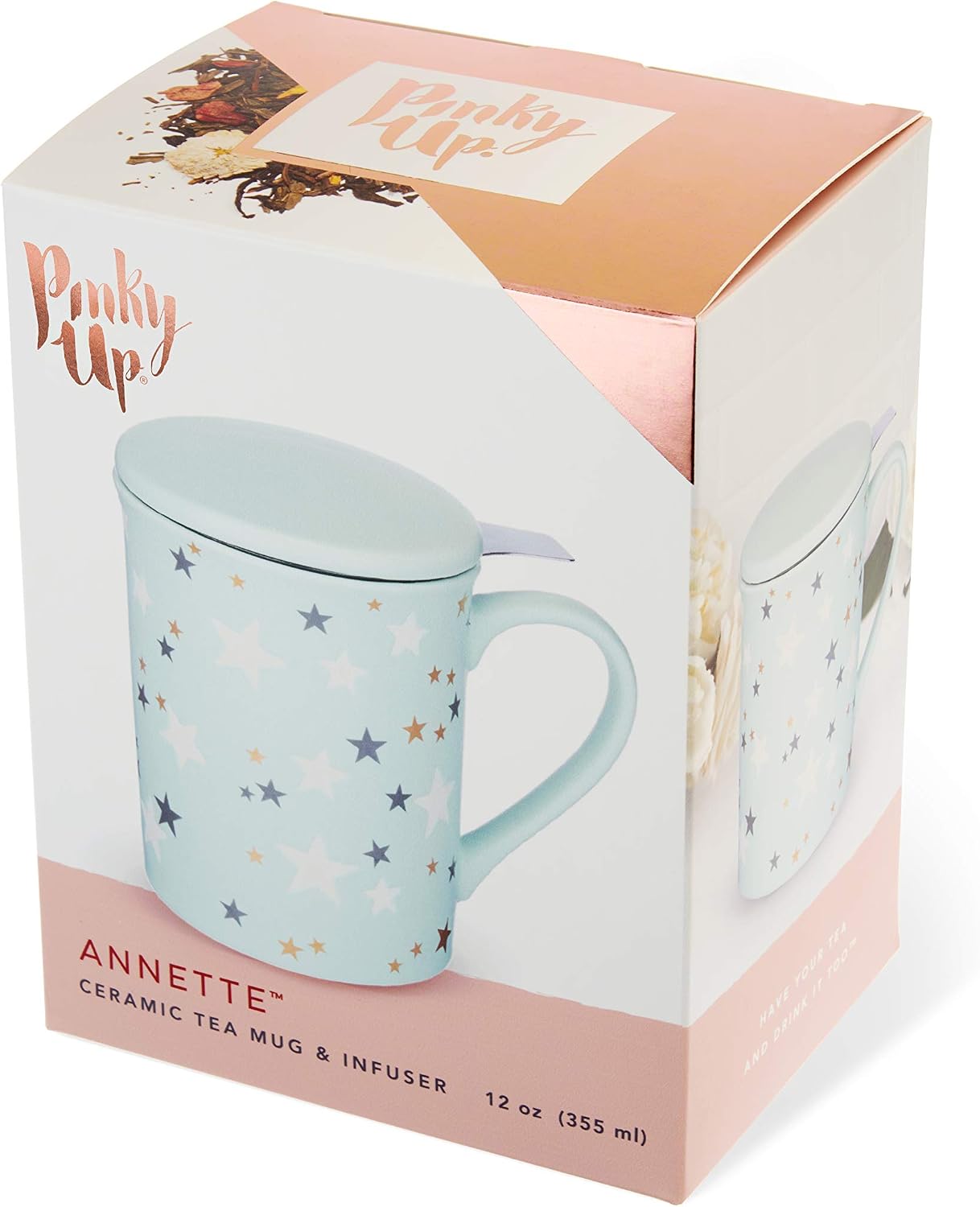 Pinky Up Annette Ceramic Tea Cup with Infuser and Lid, Travel Mug for Loose Leaf Teas, Home Office, Camping, Picnic Party, 12 oz, Set of 1, Honeycomb