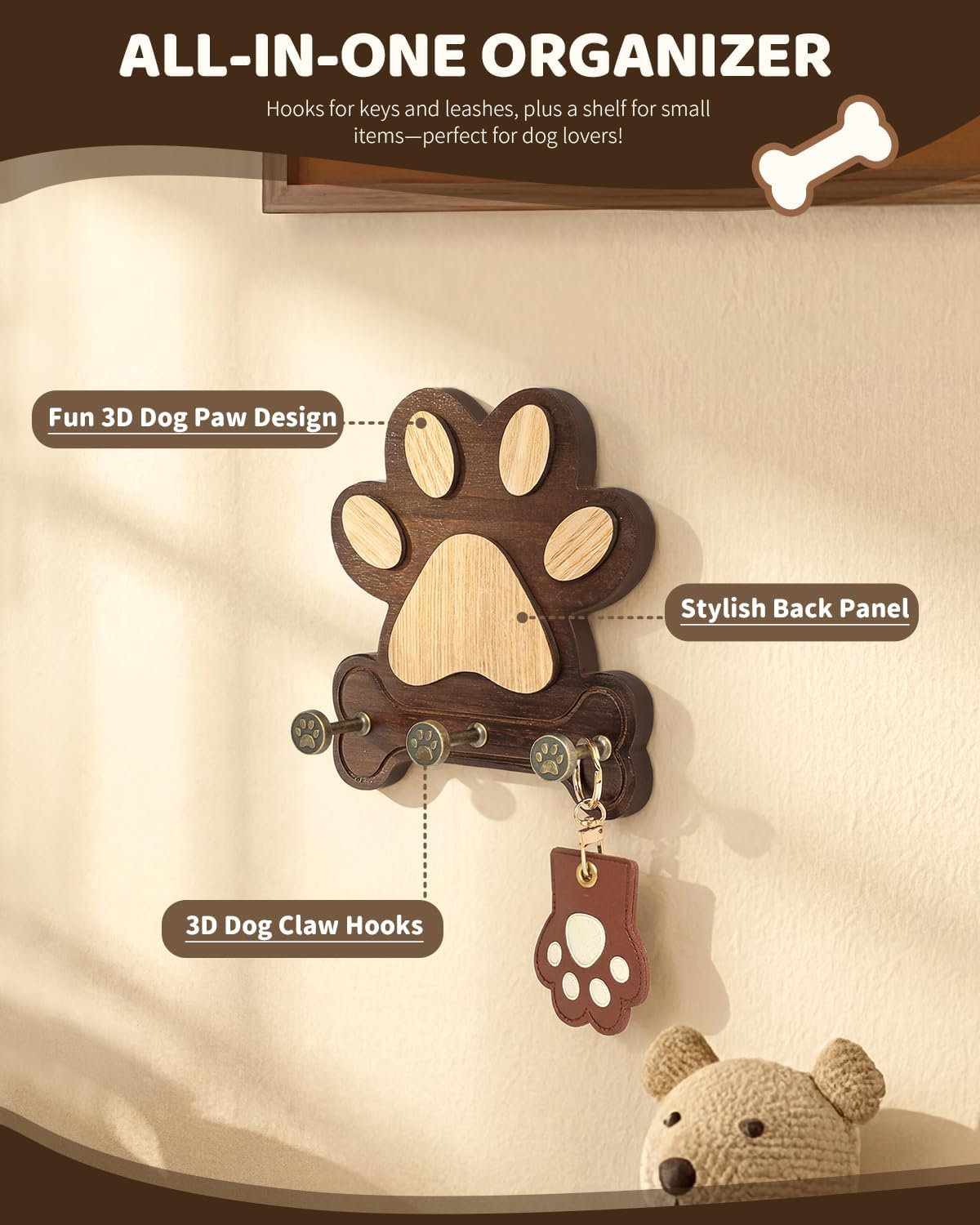 MTERSN Pine Wood Dog Leash Holder for Wall for Dog Walking Station, Black