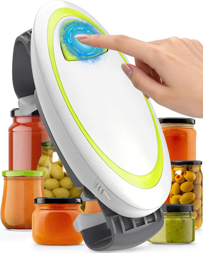 Electric Jar Opener One Button High Torque, Hands-Free Jar Opener for Weak Hands & Seniors, Battery Operated Jar Opener Kitchen Tool Fits Most Jar Sizes White+Green
