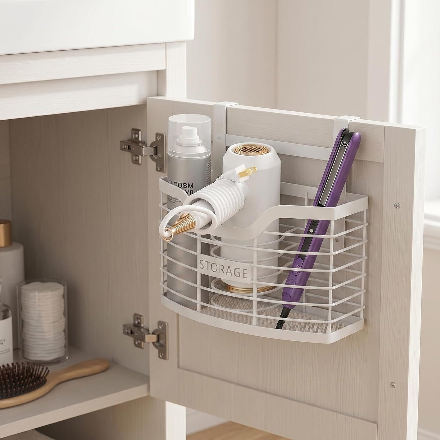 Hair Tool Organizer, Hair Dryer Holder for Bathroom Vanity Counter Cabinet | Dresser Blow Dryer Holder, No Drilling Wall Mount Storage Basket for Blow Dryers, Shaver, Comb, Curling Iron, Straightener