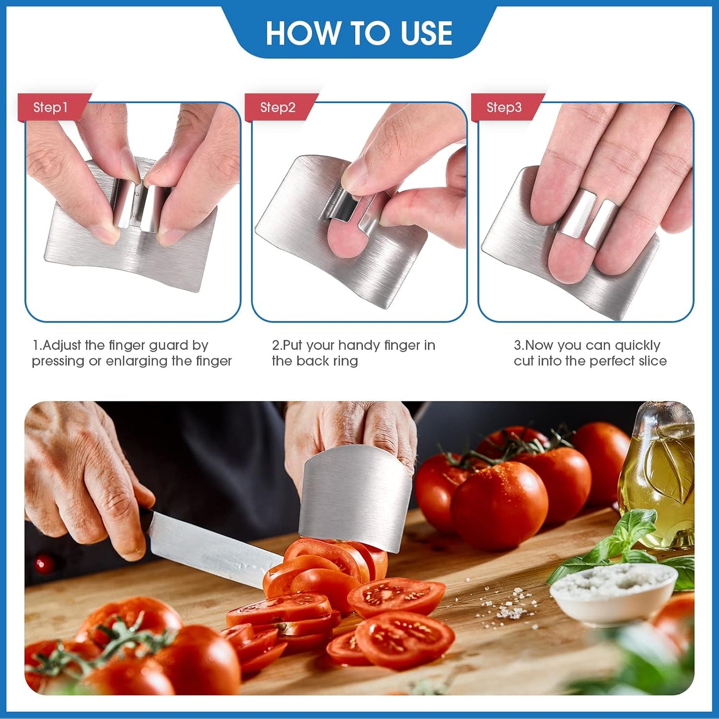 Raiten 9 Pcs Finger Guard Set for Cutting Include 4 Stainless Steel Knife Cutting Protector 2 Thumb Guard Protector 2 Finger Cots Potato Butter Lettuce Crinkle Cutter for Cutting Food to Avoid Hurting