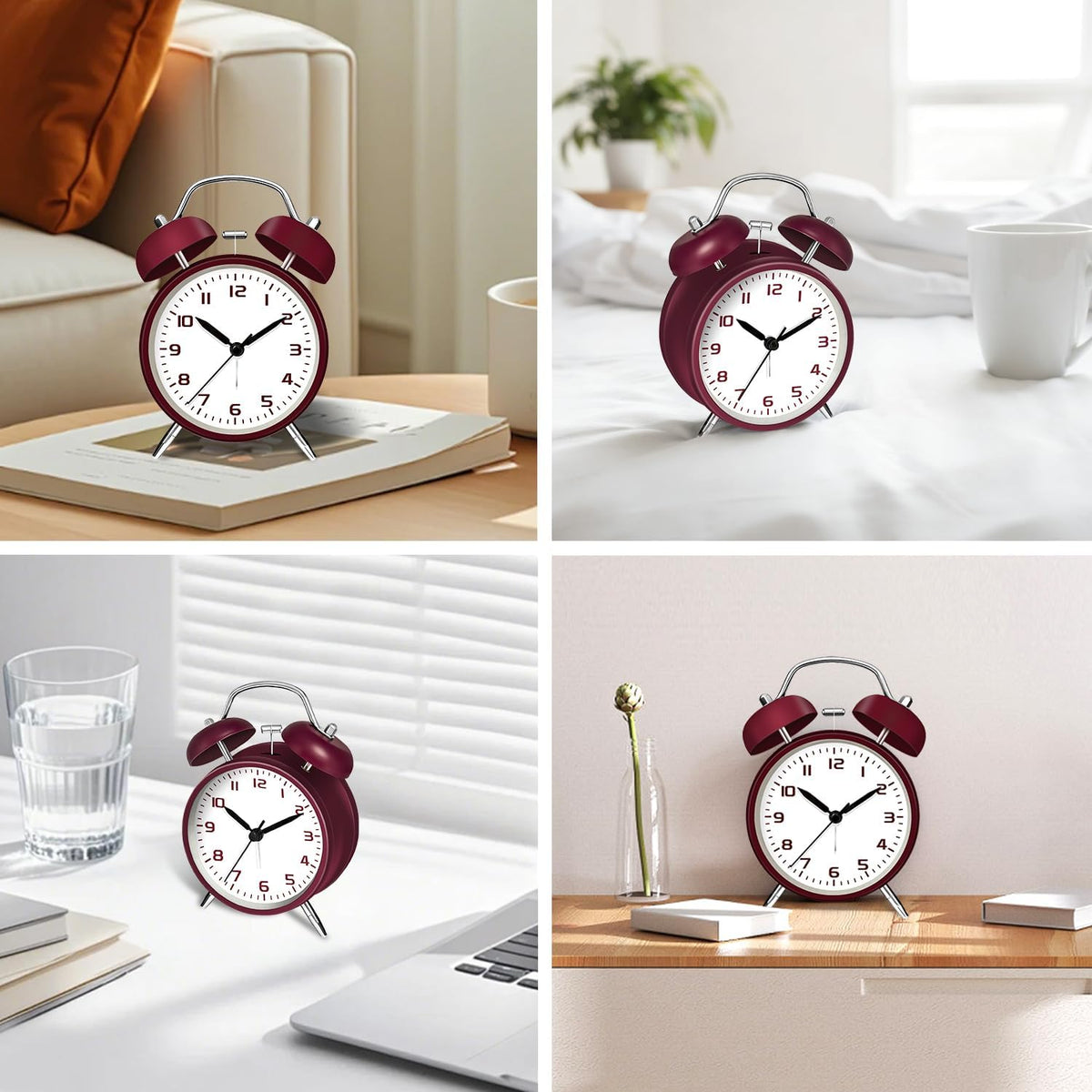 4.5" Metal Loud Alarm Clock for Heavy Sleepers Adults, Analog Battery Operated Alarm Clock with Bells Glow in Dark Numbers, Silent Old School Bedside Desk Clock for Bedroom Office Kids, Black