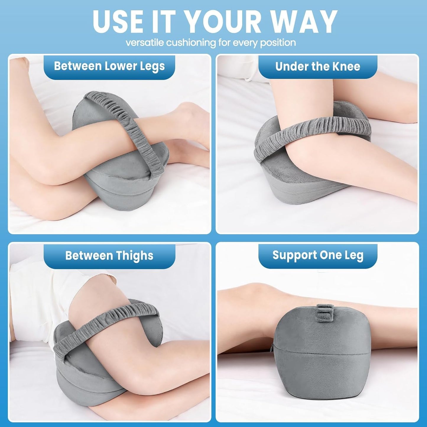 Knee Pillow for Side Sleepers with Strap, Supportive Memory Foam Leg Pillow for Side Sleeping & Spine Support, Ergonomic Curved Design for Hips and Back, Light Grey