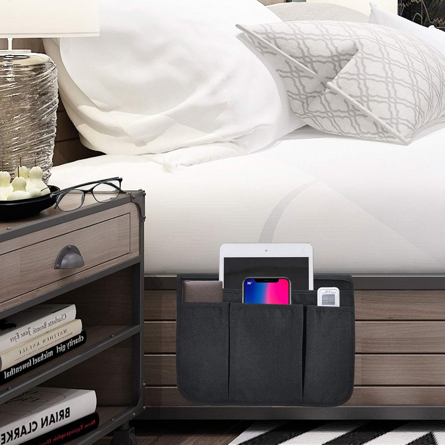 Bedside Caddy Bedside Storage Organizer Magazine Phone Tablet iPad Remote Holder, Organizer Caddy for Home College Dorm Bed, Sofa, Bunk Bed (Grey)