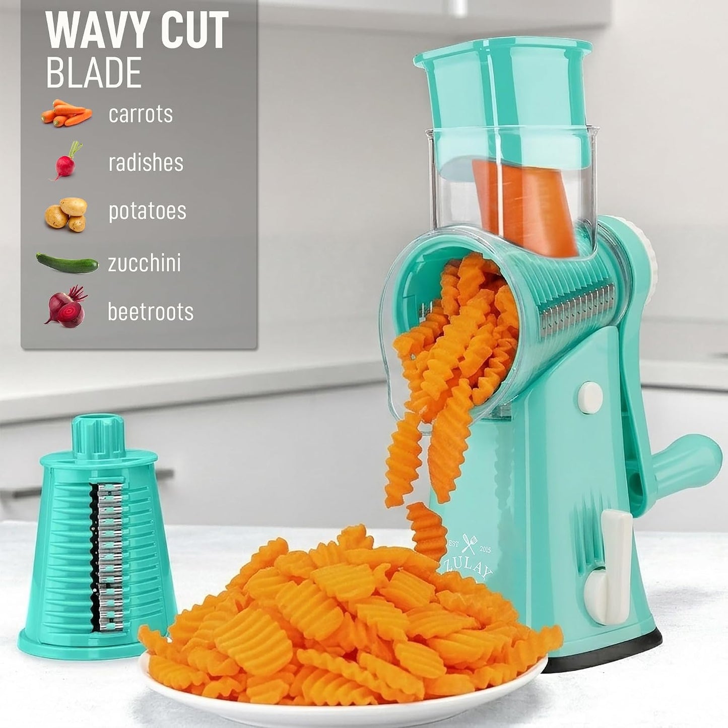 Zulay Kitchen Rotary Cheese Grater 5 Blade Cheese Shredder - Manual Hand Crank Cheese Grater With Reinforced Suction & 5 Interchangeable Drums - Easy to Use, Vegetable Chopper Round Mandoline Slicer - Colors B