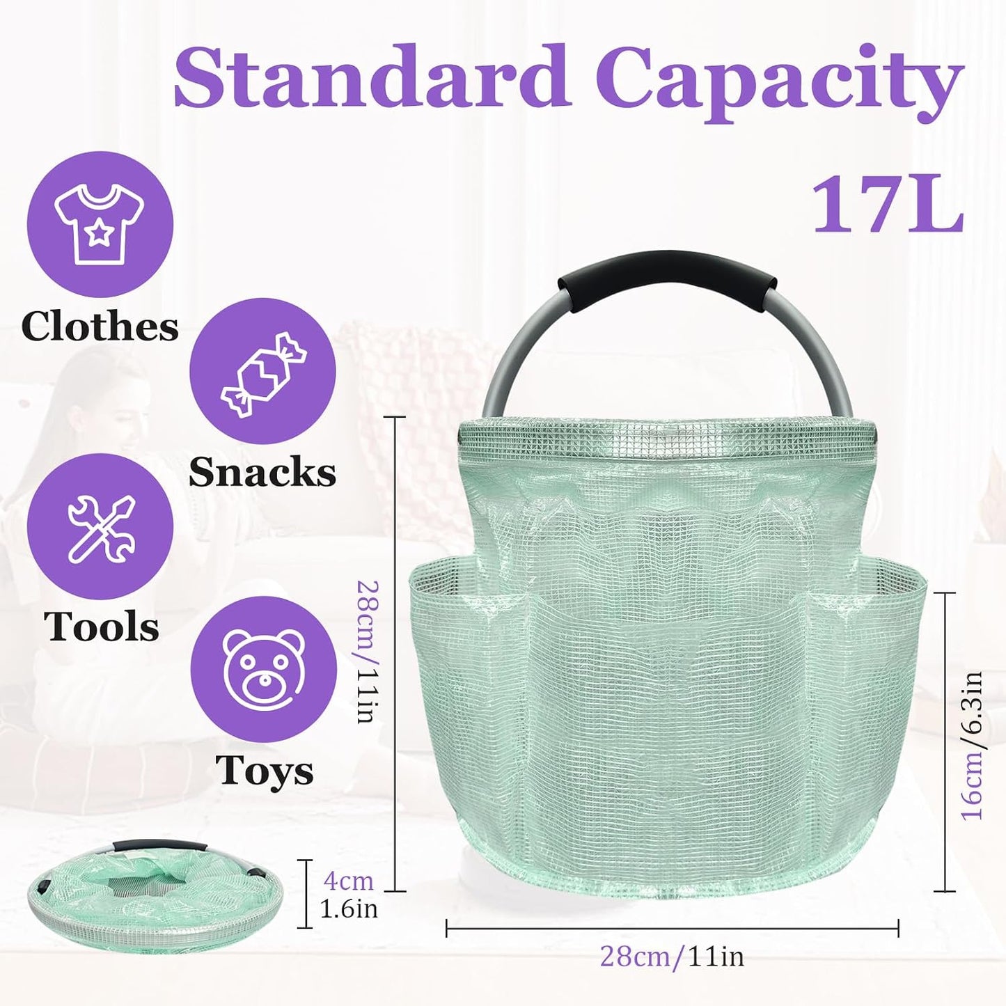 17L Cleaning Caddy with Handle and 6 Pockets, Foldable Cleaning Supply Caddy, Portable Shower Caddy in 600D Oxford Fabric, Multifunctional Storage Basket for Camping, Gardening, Black