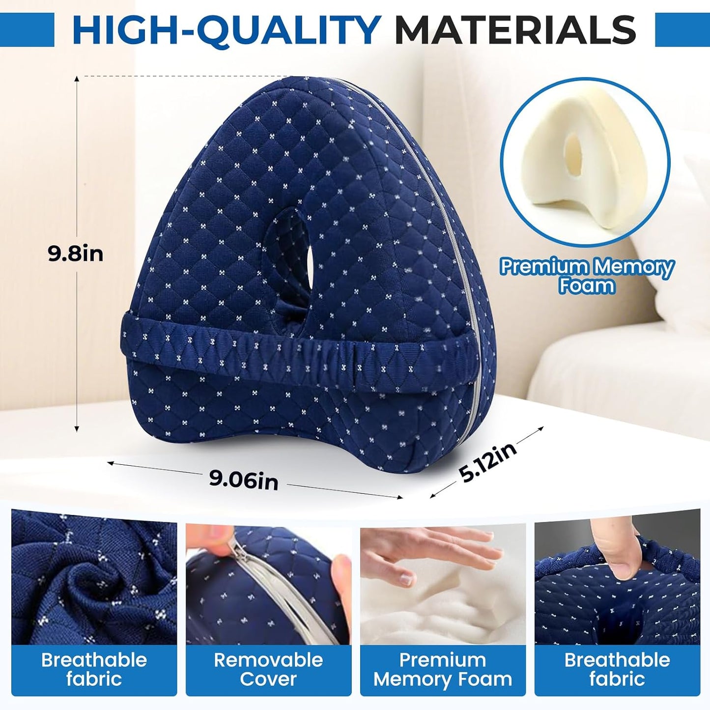 Knee Pillow for Side Sleepers Hip Pain,Alignment Pillows for Side Sleepers with Adjustable Strap,Leg Pillow for Side Sleeping,Shaped Memory Foam Pillows Relieving Leg, Back, Knee (Blue)