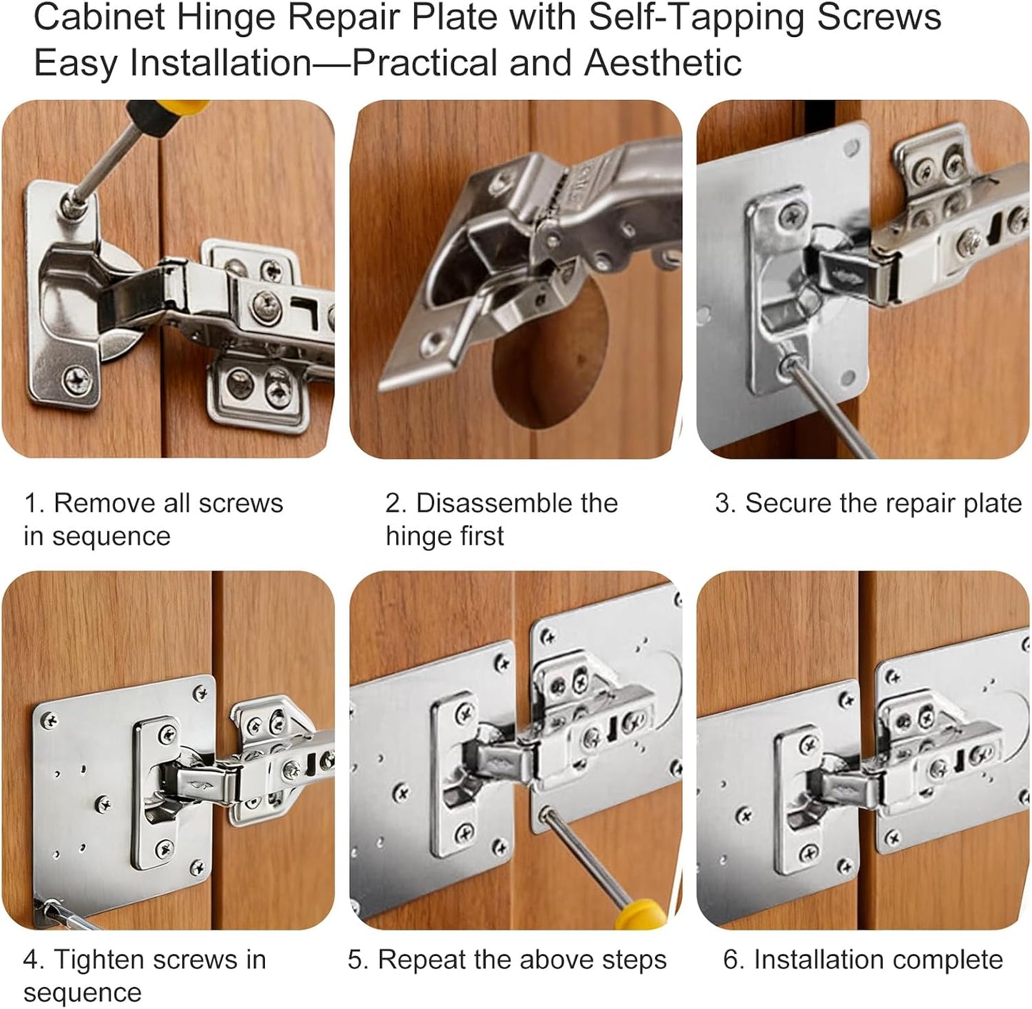 6 Pcs Cabinet Hinge Repair Plate Cabinet Repairs Kit 2 Sizes | Stainless Steel, Hinge Repair Board, with Mounting Screw, Cabinets Fixing Plate Bracket, for Kitchen Cupboard Door Cabinets
