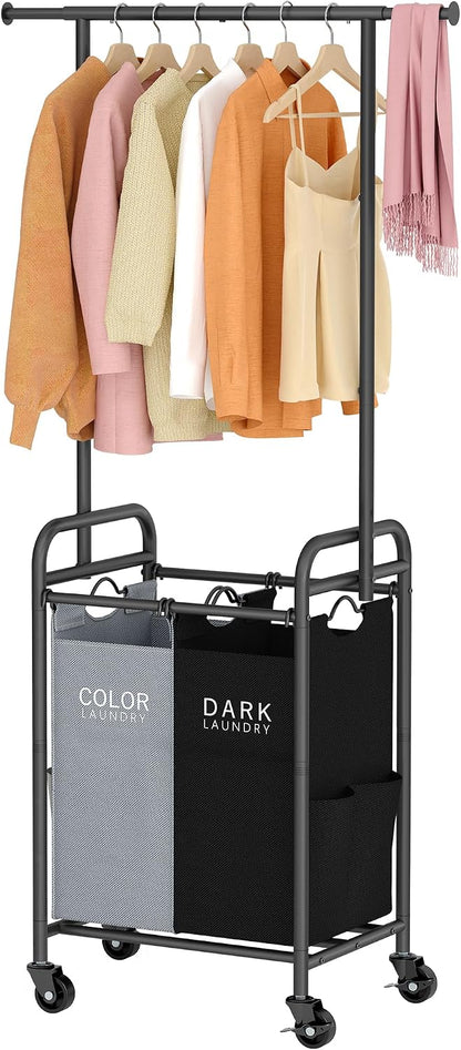 Laundry Cart with Hanging Rack, 65 Gal. Large Laundry Hamper, Beige | Rolling Laundry Cart with Hanging Bar with Removable Bag and Lockable Wheels, Separator Hamper Cart for Bedroom, Bathroom