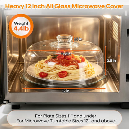 Heavy 12 Inch Borosilicate Glass Microwave Splatter Cover for Food | All Glass Tall Splatter Guard Microwave Plate Serving Dish Covers Lid with Handle for Heating Food
