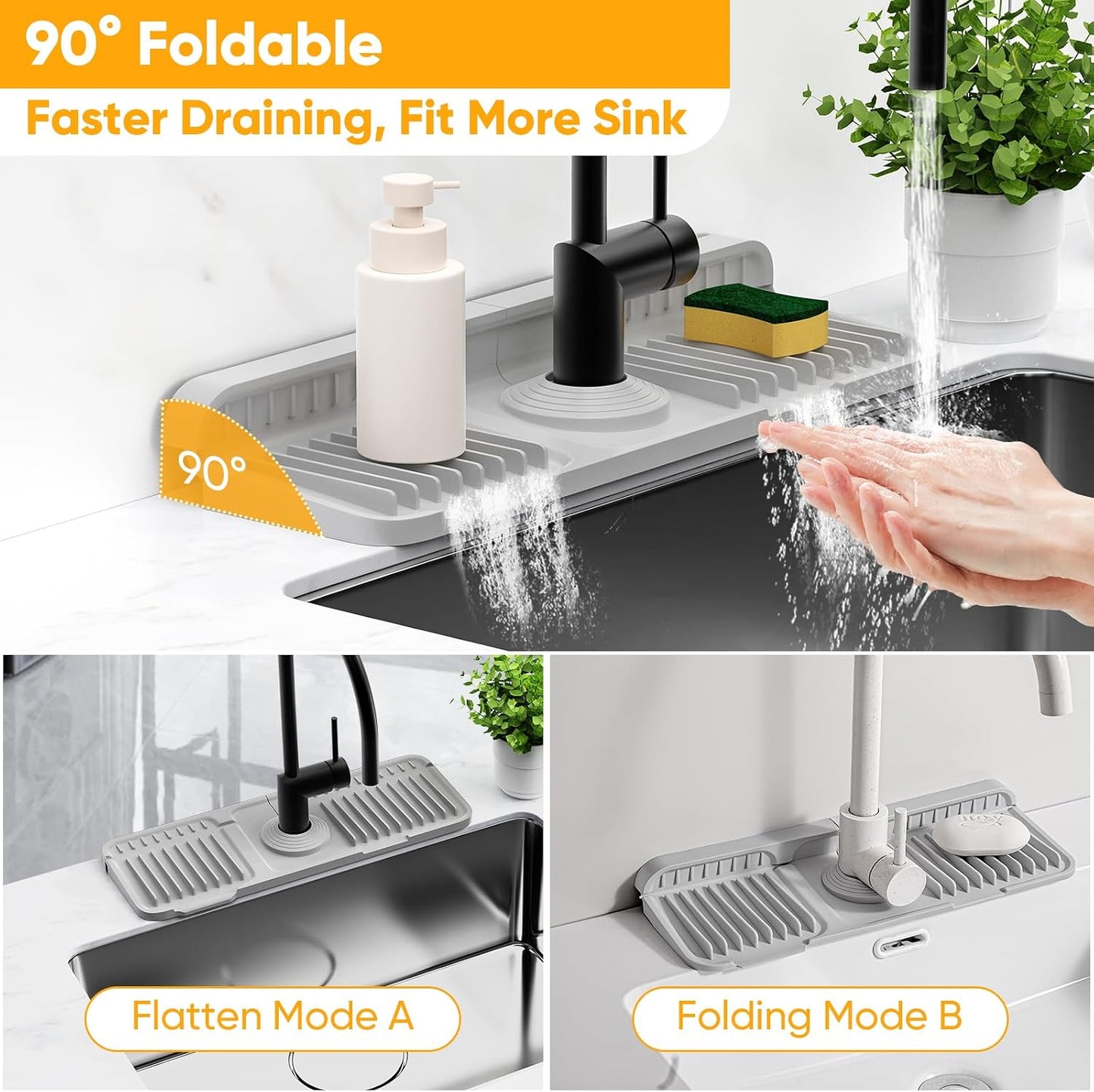 24'' Longer Faucet Mat for Kitchen Sink Splash Guard[7° Slope Fast Self-draining][Snap Lock Fit]Kitchen Sink Faucet Mat Splash Guard Kitchen Sink Area Water Splash Guard Behind Faucet Draining Mat