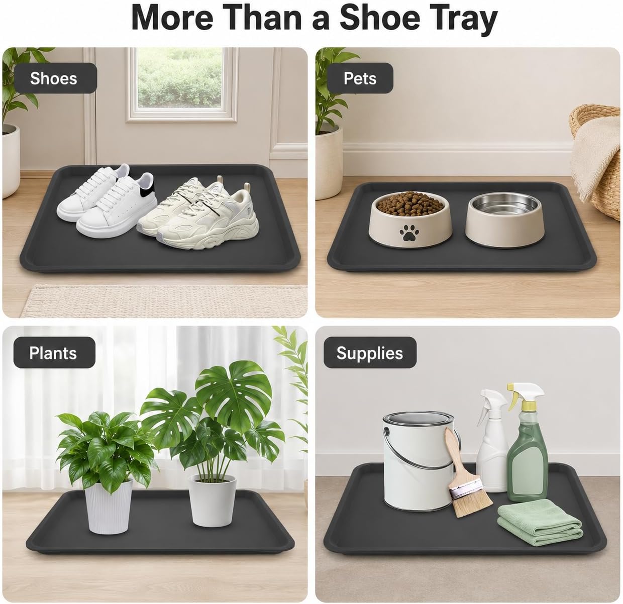 4 Pack 16 x 12 Inch Boot Trays for Entryway, Waterproof Shoe Mat Tray with Raised Edge, Outdoor Multi-Purpose Shoe Tray for Boots Shoes Garden Pets-Dark Gray