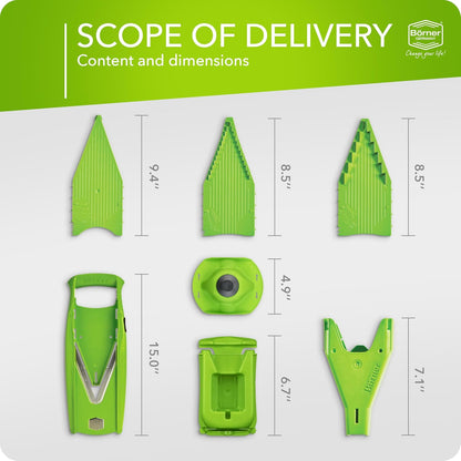 Mandoline Food Slicer Börner V5 (Profi Set) by Reston Lloyd • V-Slicer with 4 Inserts, Docking Station & Food Holder • Made in Germany • Fruit & Vegetable Chopper • Multiple Settings • Color: Lime