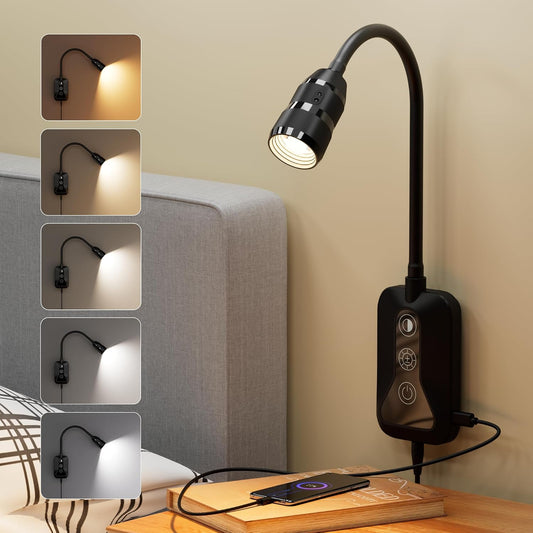 Wall Mounted Reading Light for Bed, Headboard Light with 360° Flexible Arm, Hand Wave Sensor, Focused 60° Beam, 5 Color Temperatures, Stepless Dimming, Memory Function, USB-C Output, Black