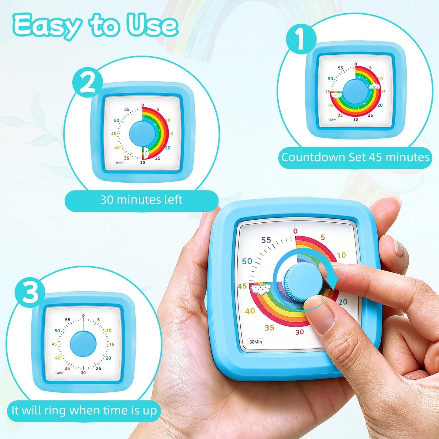 Visual Timer for Kids 60 Minute Countdown Clock – Silent Cube Timer with Rainbow Cloud Design, Plastic Kids Visual Timer, Toddler Timers for Classroom Home Kitchen Study Tools, Green