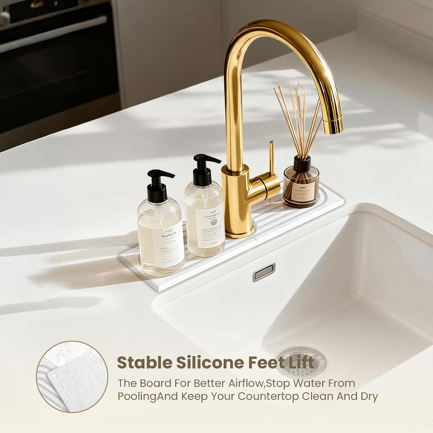 Diatomite Faucet Mat for Kitchen Sink, Quick-Dry Stone-Like Sink Mat, Flat Lay Absorbent Countertop Drying Mat for Faucet Area, Hard Diatomite Mat, Gray, 23.6 x 4 in