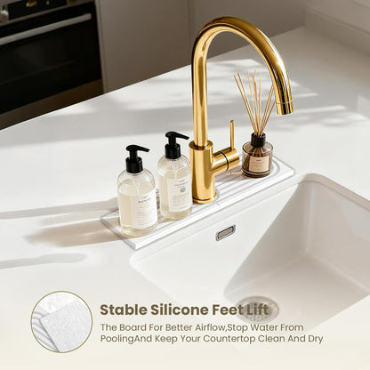 Diatomite Faucet Mat for Kitchen Sink, Quick-Dry Stone-Like Sink Mat, Flat Lay Absorbent Countertop Drying Mat for Faucet Area, Hard Diatomite Mat, Gray, 23.6 x 4 in