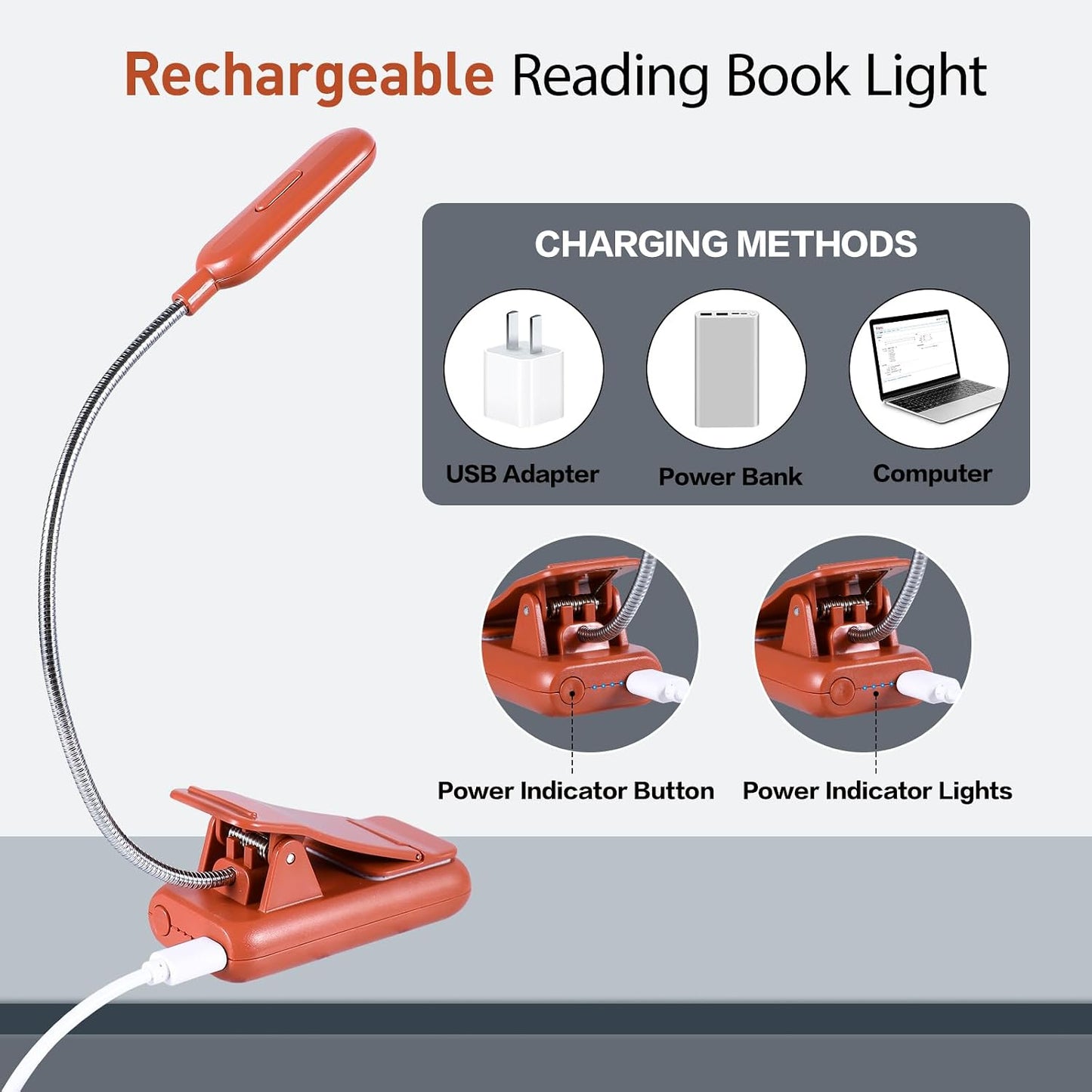 VAVOFO Rechargeable Book Light for Reading in Bed Kids, 7 LED Reading Light with 9-Level Warm Cool White Daylight, Eye Care Lamp with Power Indicator for Bookworms (Yellow)