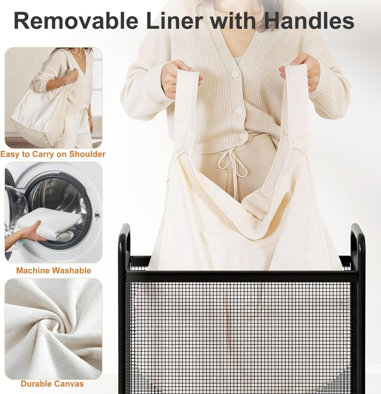WOWLIVE Rolling Laundry Hamper 2 Section, 100L Laundry Basket with Wheels | Double Laundry Sorter with Metal Handle and Removable Bag, Large Clothes Hamper for Laundry Room, Bathroom and Dorm, Beige