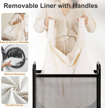 WOWLIVE Rolling Laundry Hamper 2 Section, 100L Laundry Basket with Wheels | Double Laundry Sorter with Metal Handle and Removable Bag, Large Clothes Hamper for Laundry Room, Bathroom and Dorm, Beige