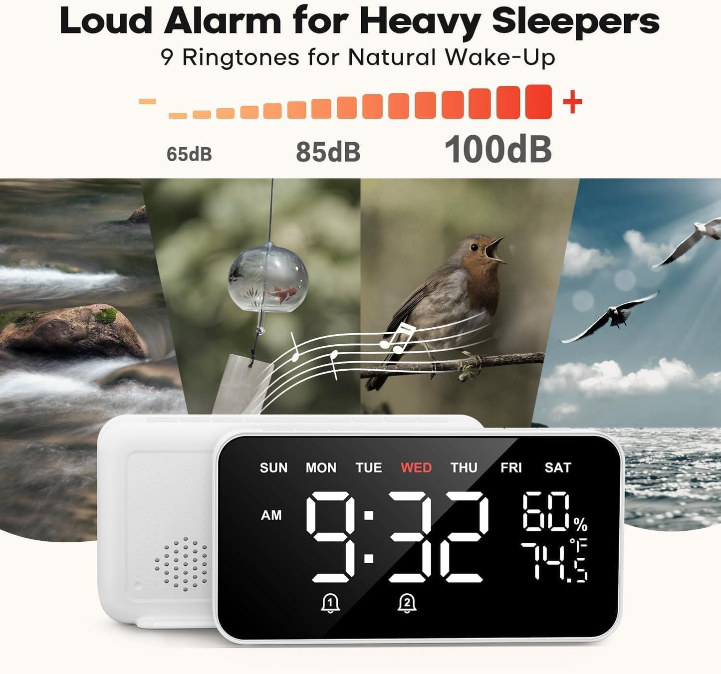 Dekala Digital Alarm Clocks for Bedrooms, Loud Alarm Clock for Heavy Sleepers, Temperature & Humidity Detect, Dual Alarms Weekday/Weekend Mode, Large Display Auto Dimmer, Sleep Sound，9 Ringtone