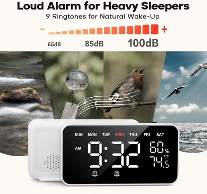 Dekala Digital Alarm Clocks for Bedrooms, Loud Alarm Clock for Heavy Sleepers, Temperature & Humidity Detect, Dual Alarms Weekday/Weekend Mode, Large Display Auto Dimmer, Sleep Sound，9 Ringtone