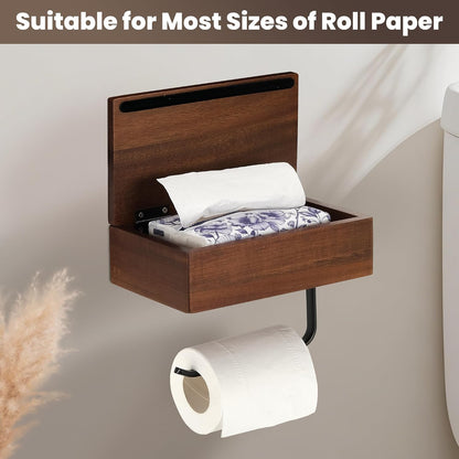 Toilet Paper Holder Walnut Wood Shelf - Wall Mount & Self-Adhesive | Bathroom Tissue Holder, Black Stainless Steel with Walnut Shelf for Phone - Home Apartment Restroom Decor Essentials