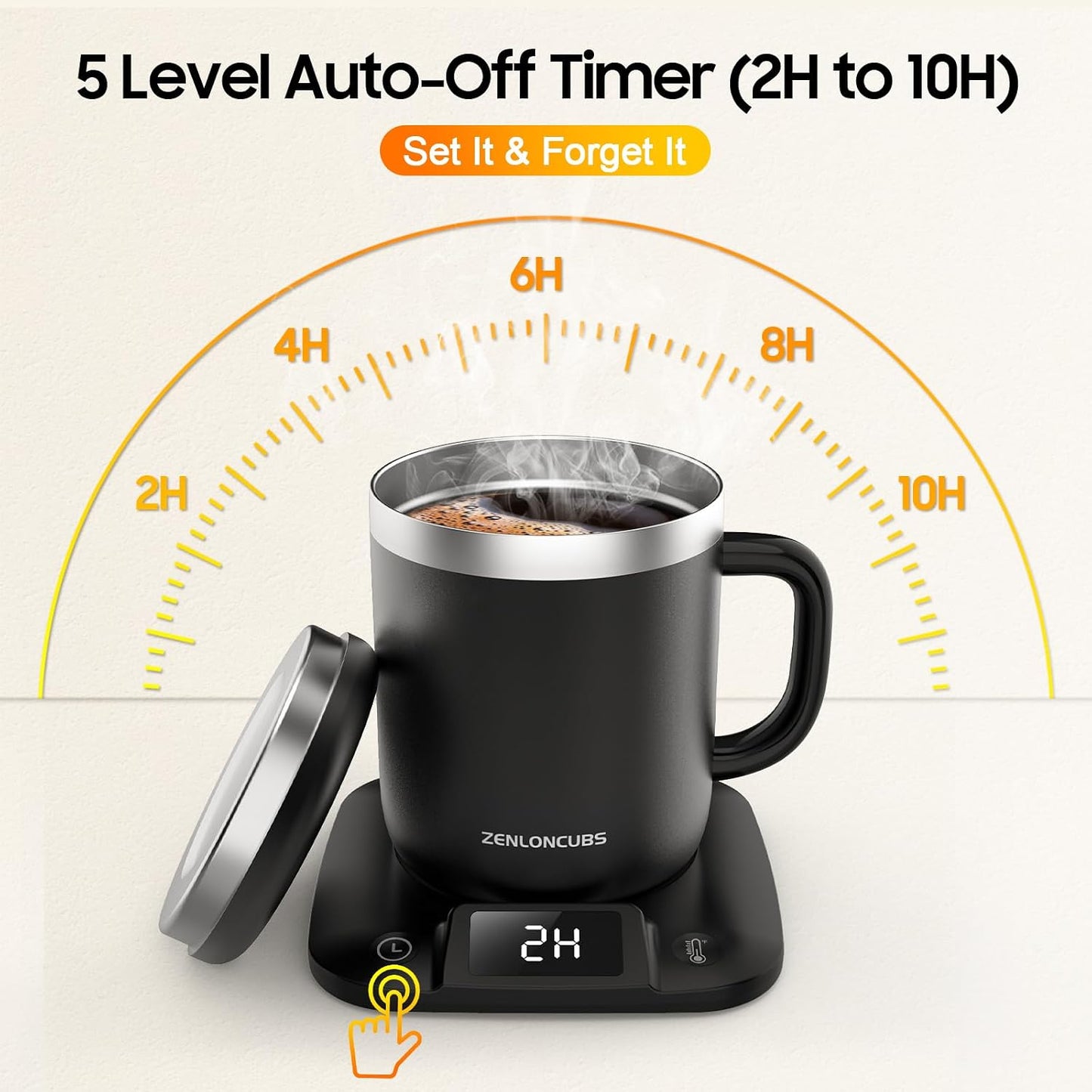 Smart Electric Heated Coffee Mug with Temperature Control, 5 Settings & Display, Auto Shut-Off, Fast Heating Warmer Set with Stainless Steel Coffee Mug (14oz-Black)