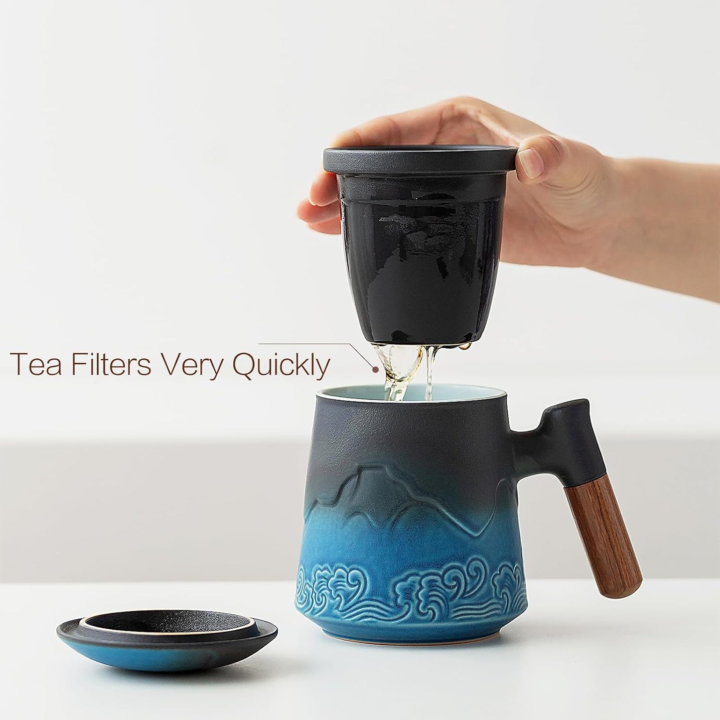 ZENS Tea Mug with Infuser and Lid for Loose Leaf Tea Steeper, 16.9oz Moss | Embossed Ceramic Tea Cup with Infuser for Herbal Tea Difussers, Tea Lovers Gifts, Nature Wood Handle