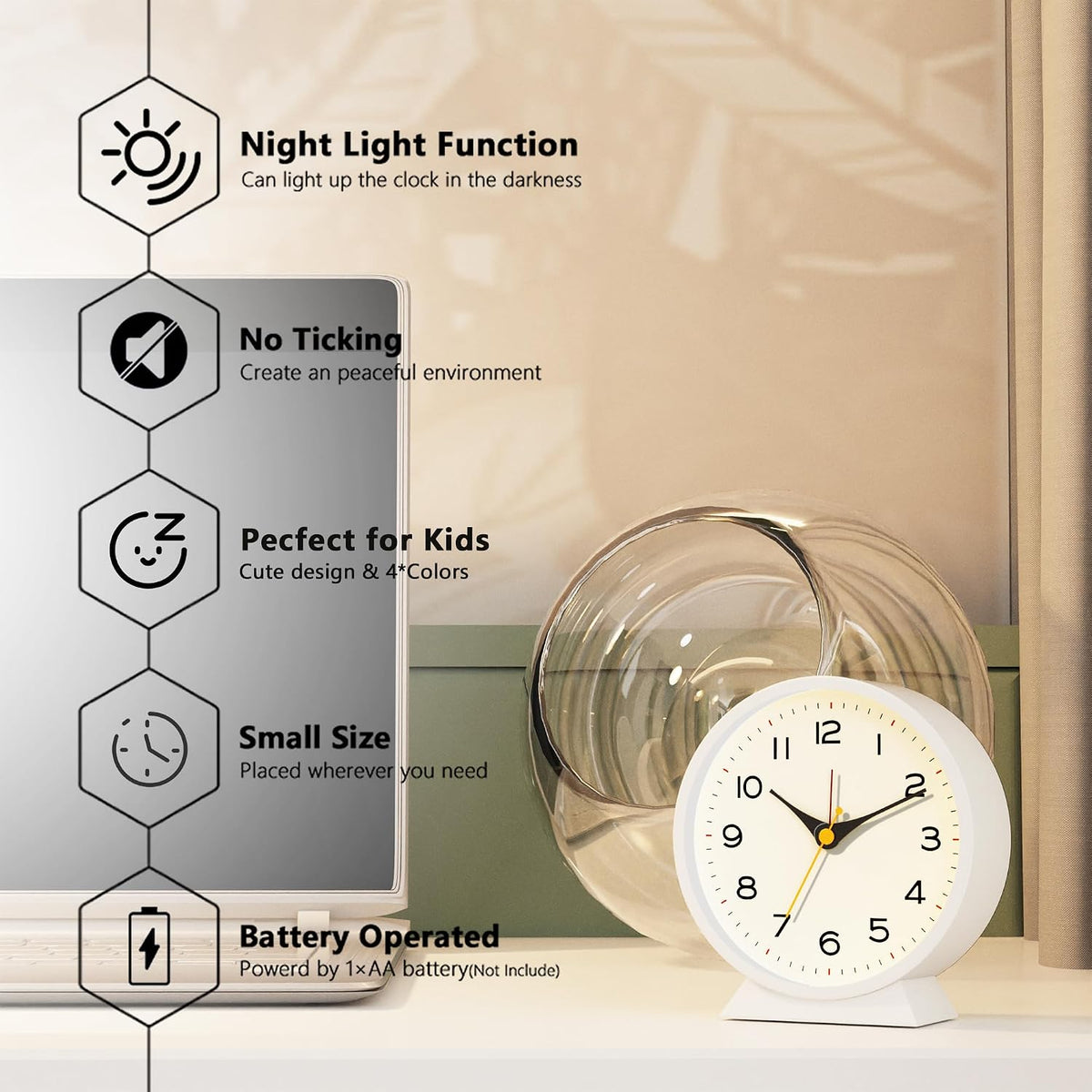 AYRELY® 4.5" Analog Alarm Clock, Small Retro Desk Clock and Table Clock