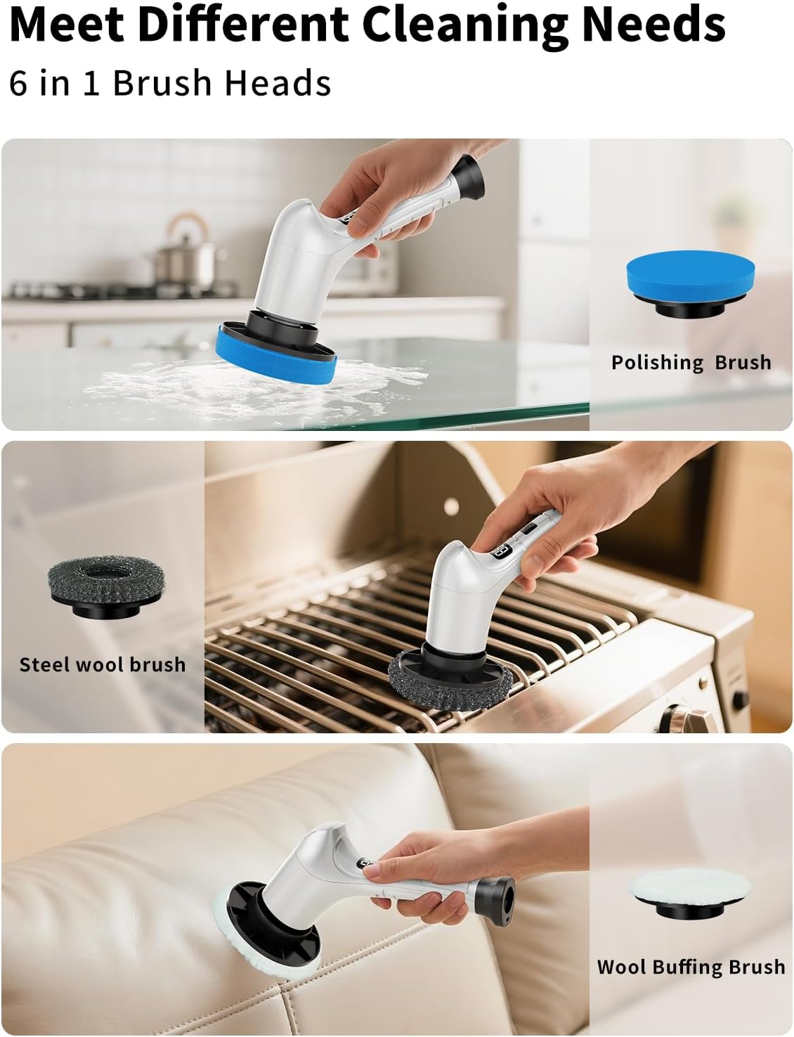Electric Spin Scrubber, Cordless Household Cleaning Brush with 6 Replaceable Heads, 3 Speeds, LED Display, Lightweight Handheld Power Scrubber for Cleaning Stove/Bowl/Sink/Corner/Tile/Grout-Black