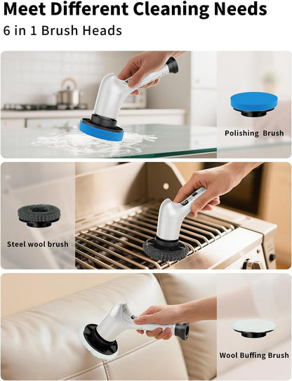 Electric Spin Scrubber, Cordless Household Cleaning Brush with 6 Replaceable Heads, 3 Speeds, LED Display, Lightweight Handheld Power Scrubber for Cleaning Stove/Bowl/Sink/Corner/Tile/Grout-Black