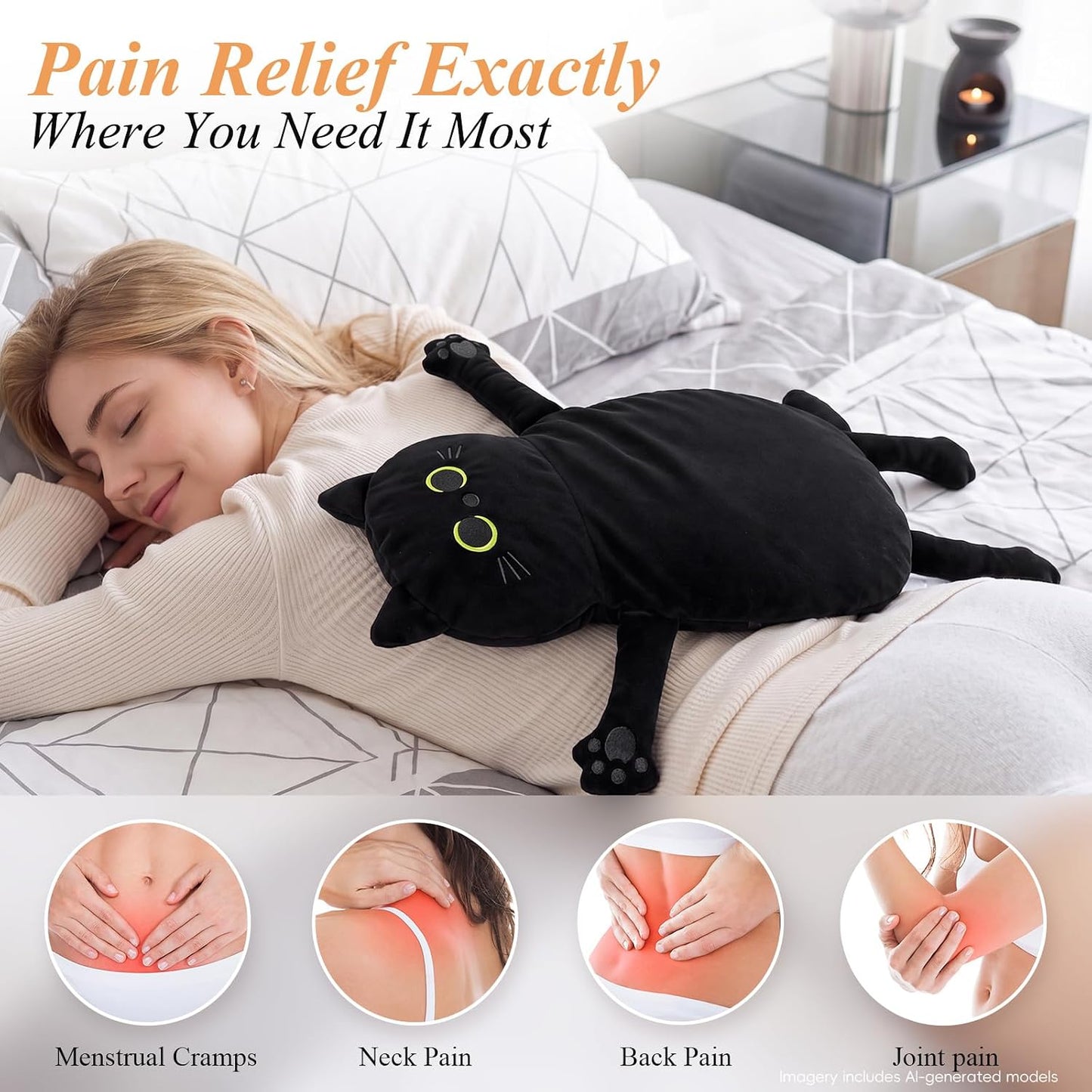 Microwave Heating Pad for Pain Relief, 17" x 9" Microwavable Heating Pads for Cramps, Back Pain, Neck Shoulder, Muscles, Knee, Joints, Natural Heat Pack Moist Heat, Black Cat