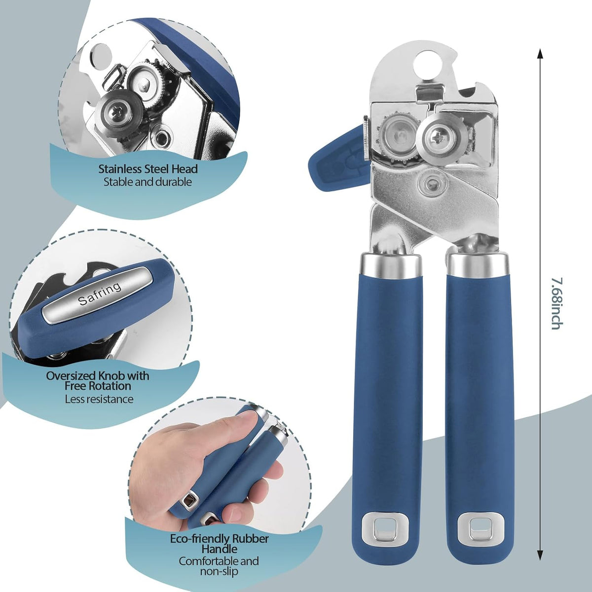 Safring Can Opener Manual, Heavy Duty Handheld Strong Can Opener with Soft Touch Handle, Sharp Blade Smooth Edge, Can Openers with Multifunctional Bottle Opener, Black