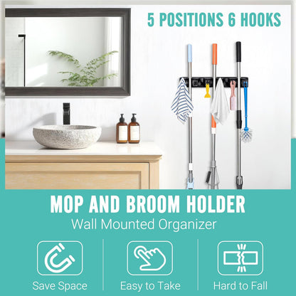 InPoTo Wall Mount Broom Holder 5 Slots 6 Hooks Mop Organizer Rack | Heavy Duty Construction -35 LBS Capacity, 5 Spring-loaded Ball Slots With Anti-Skid Rubber,Easy Installation ,Space Saving