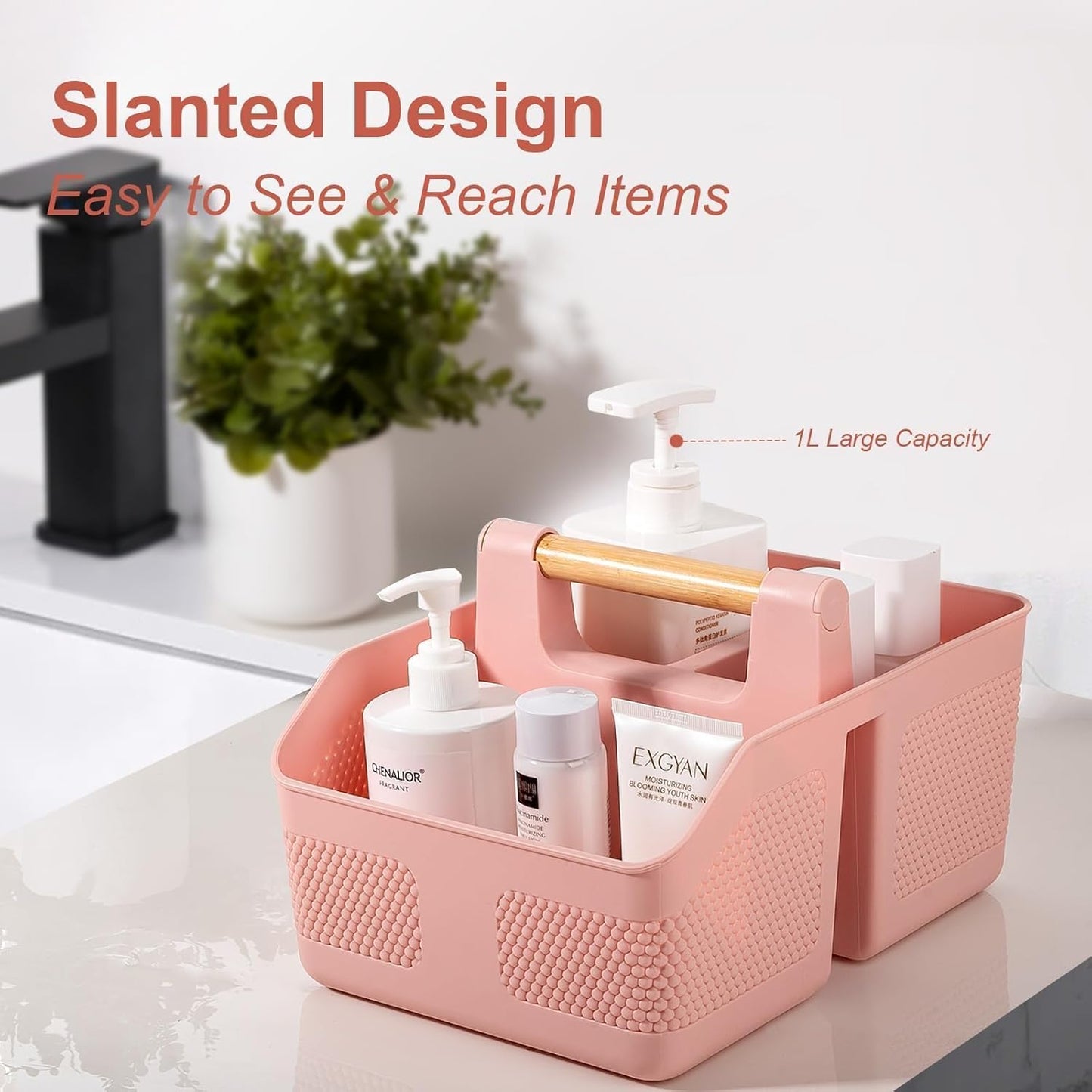 Plastic Shower Caddy Portable Shower Basket with Bamboo Handle, White | Cleaning Caddy Organizer Storage Tote for Bathroom, College Dorm Essentials, Bath Toy Storage