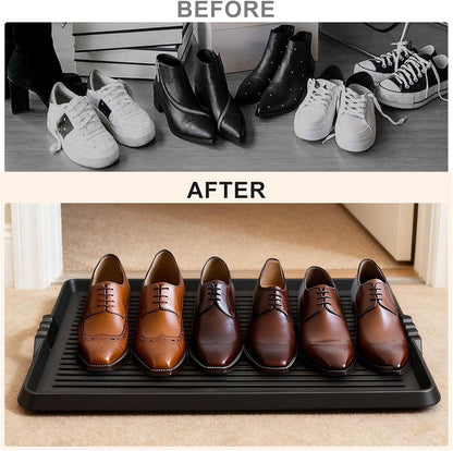 BEHERO Boot Tray Shoe Mat, Rubber Shoe Matt Tray Indoor/Outdoor Use, 16" x27.5" Shoe Cleaning Mat Non-Slip with Raised Edge for Entryways, Decks, and Patios (Black)