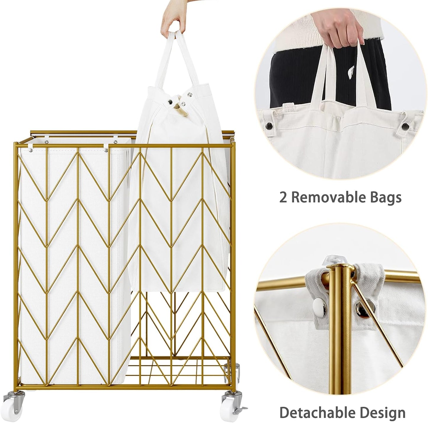 WOWLIVE Laundry Hamper 3 Section with Lid, 142L Laundry Basket with Wheels | Rolling Dirty Clothes Hamper with Removable Bags, Large Iron-Made Laundry Basket Organizer Laundry Sorter for Dorm, Beige